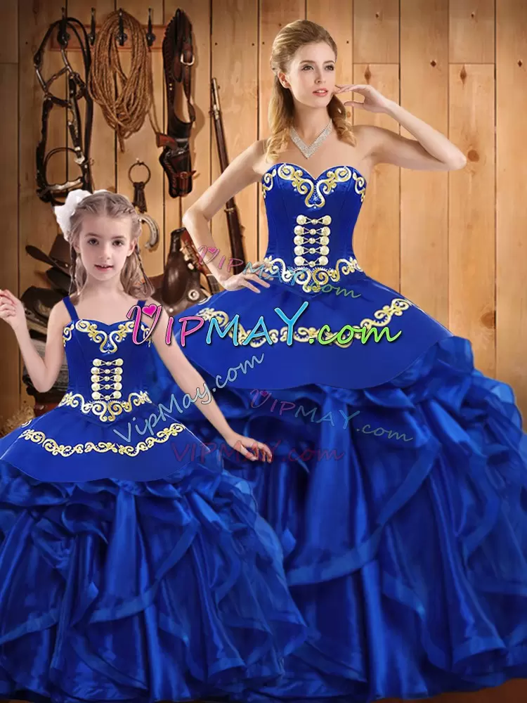 Amazing Royal Blue Lace Up Sweetheart Embroidery and Ruffles Sweet 16 Quinceanera Dress Organza Sleeveless