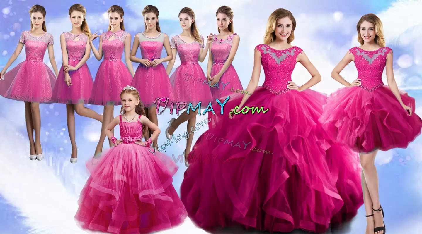 Traditional Organza Scoop Sleeveless Lace Up Beading and Ruffles Quinceanera Dress in Fuchsia