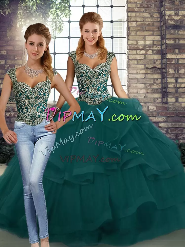 Beautiful Peacock Green Straps Lace Up Beading and Ruffles Vestidos de Quinceanera Sleeveless