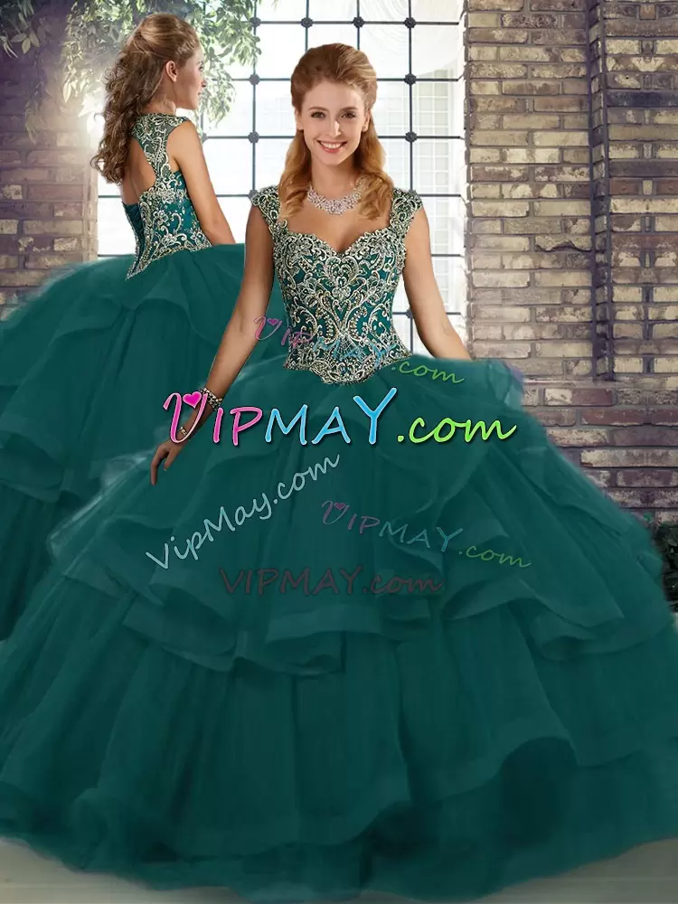 Beautiful Peacock Green Straps Lace Up Beading and Ruffles Vestidos de Quinceanera Sleeveless