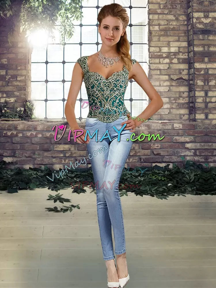 Beautiful Peacock Green Straps Lace Up Beading and Ruffles Vestidos de Quinceanera Sleeveless