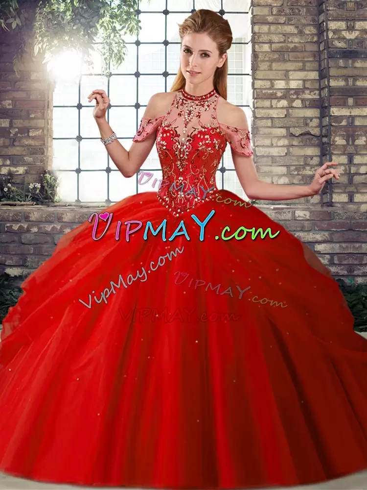 Red Halter Top Lace Up Beading and Pick Ups Quinceanera Gown Brush Train Sleeveless