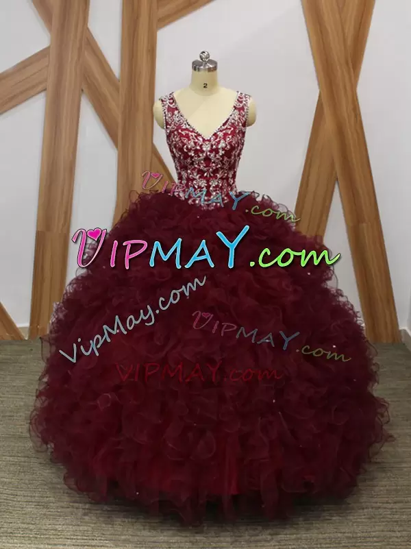 Extravagant Floor Length Backless 15th Birthday Dress Burgundy for Military Ball and Sweet 16 and Quinceanera with Beading and Ruffles