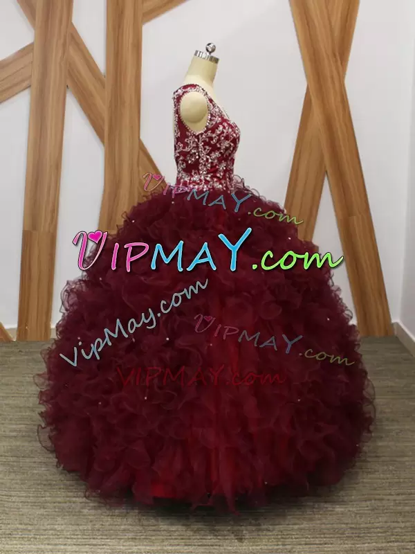 Extravagant Floor Length Backless 15th Birthday Dress Burgundy for Military Ball and Sweet 16 and Quinceanera with Beading and Ruffles