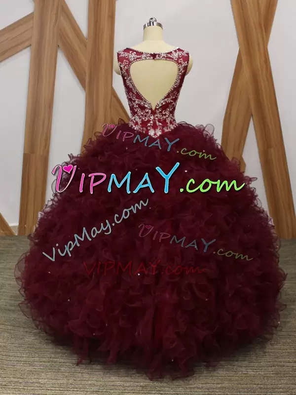 Extravagant Floor Length Backless 15th Birthday Dress Burgundy for Military Ball and Sweet 16 and Quinceanera with Beading and Ruffles