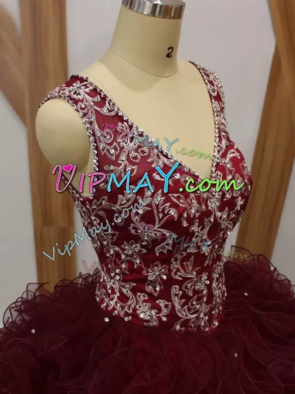 Extravagant Floor Length Backless 15th Birthday Dress Burgundy for Military Ball and Sweet 16 and Quinceanera with Beading and Ruffles