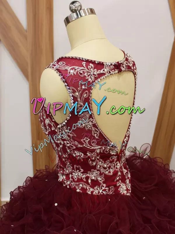 Extravagant Floor Length Backless 15th Birthday Dress Burgundy for Military Ball and Sweet 16 and Quinceanera with Beading and Ruffles