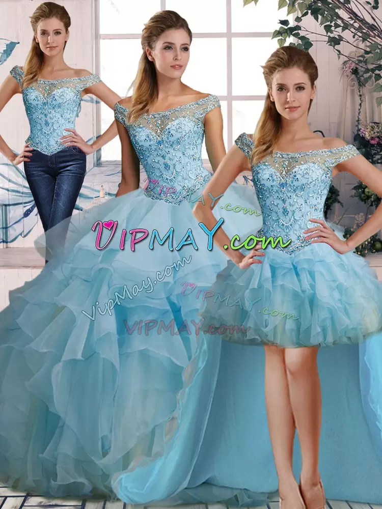 Floor Length Light Blue Quince Ball Gowns Organza Sleeveless Beading and Ruffles