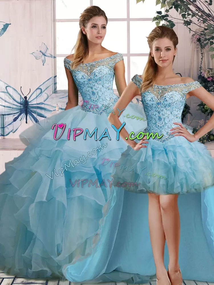 Floor Length Light Blue Quince Ball Gowns Organza Sleeveless Beading and Ruffles