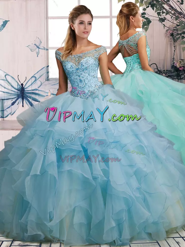 Floor Length Light Blue Quince Ball Gowns Organza Sleeveless Beading and Ruffles