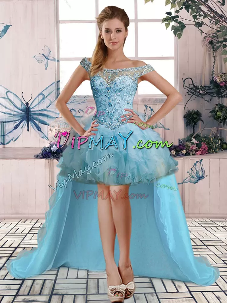 Floor Length Light Blue Quince Ball Gowns Organza Sleeveless Beading and Ruffles