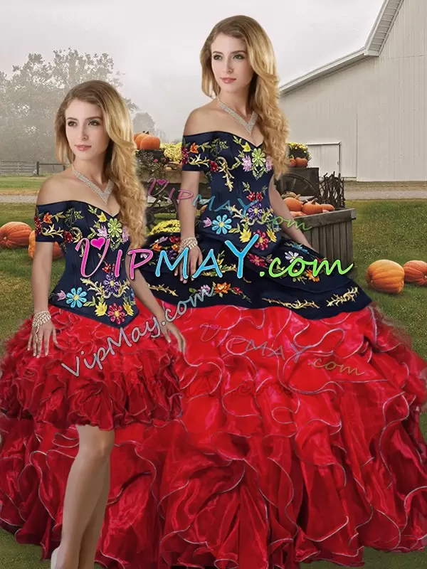 Fashionable Organza Off The Shoulder Sleeveless Lace Up Embroidery and Ruffles Quinceanera Gown in Red And Black