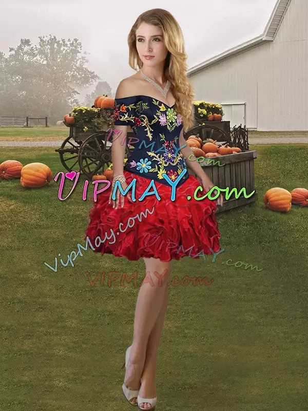 Fashionable Organza Off The Shoulder Sleeveless Lace Up Embroidery and Ruffles Quinceanera Gown in Red And Black