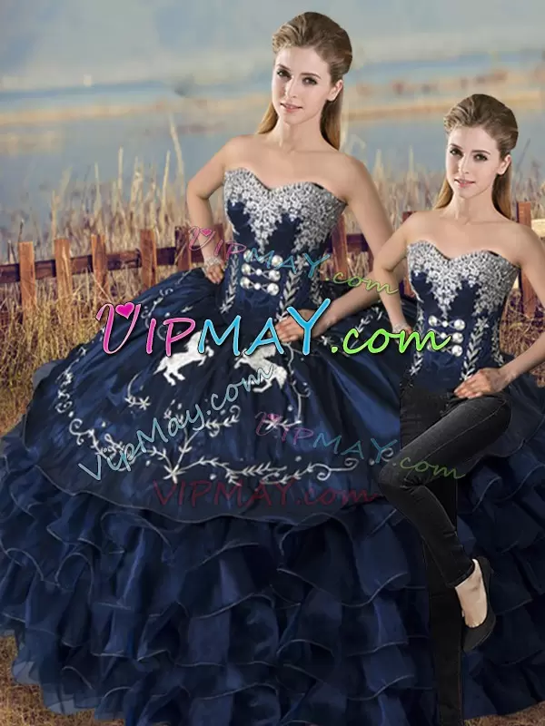 Satin and Organza Sweetheart Sleeveless Lace Up Embroidery and Ruffles Quinceanera Gowns in Navy Blue