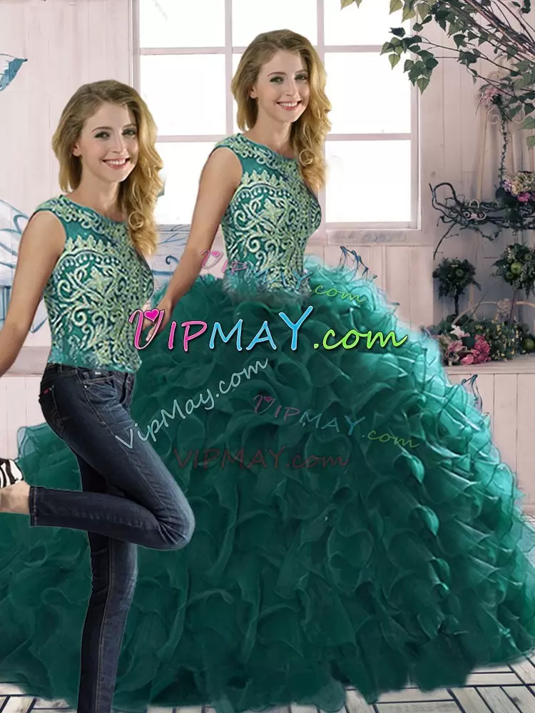 Peacock Green Two Pieces Organza Scoop Sleeveless Beading and Ruffles Floor Length Lace Up Quince Ball Gowns