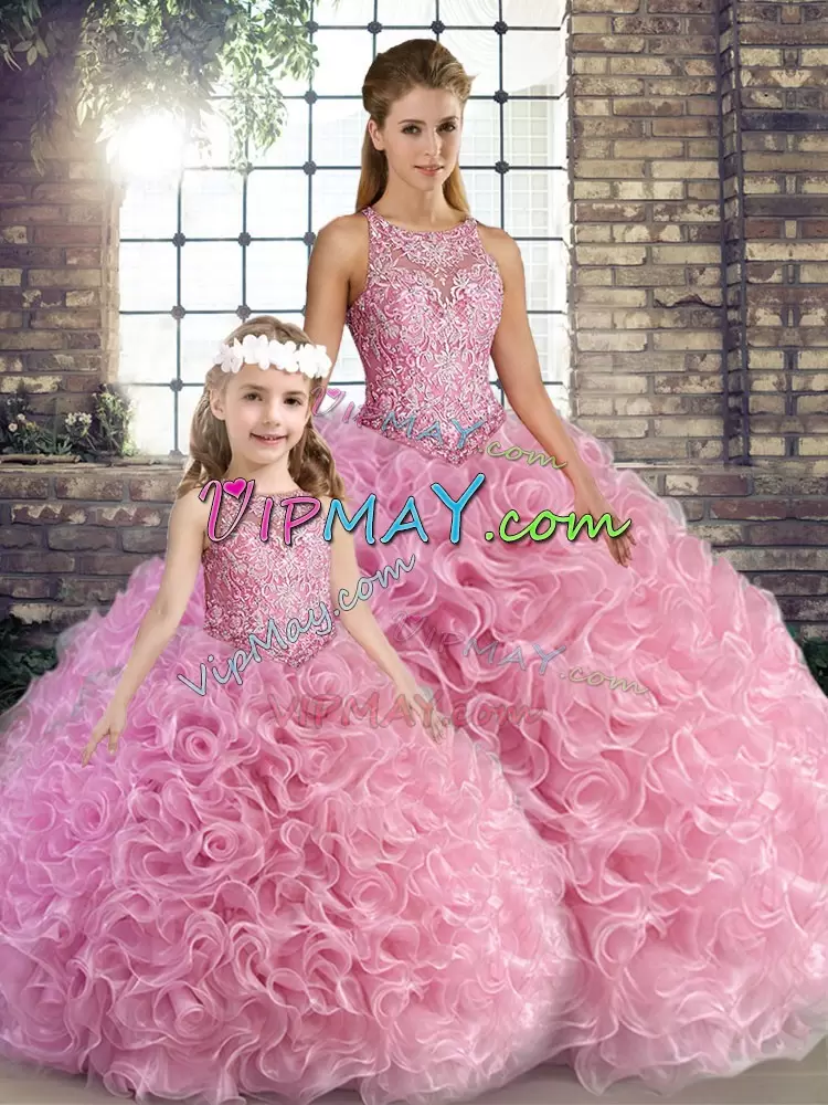 Flirting Sleeveless Floor Length Beading Lace Up Quinceanera Gown with Rose Pink