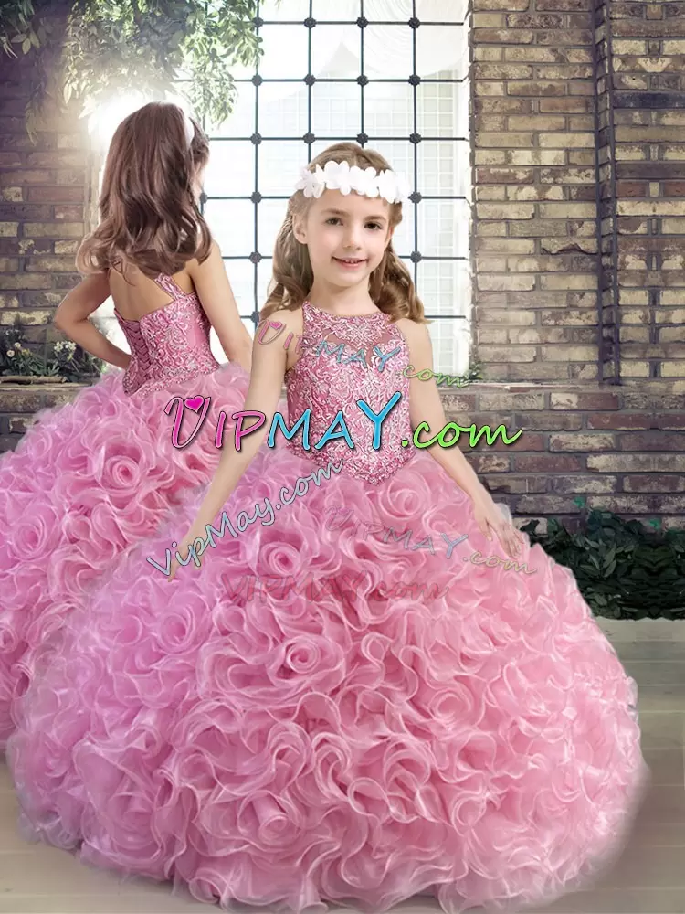 Flirting Sleeveless Floor Length Beading Lace Up Quinceanera Gown with Rose Pink