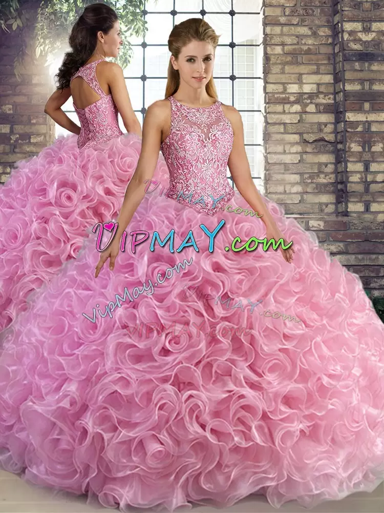 Flirting Sleeveless Floor Length Beading Lace Up Quinceanera Gown with Rose Pink