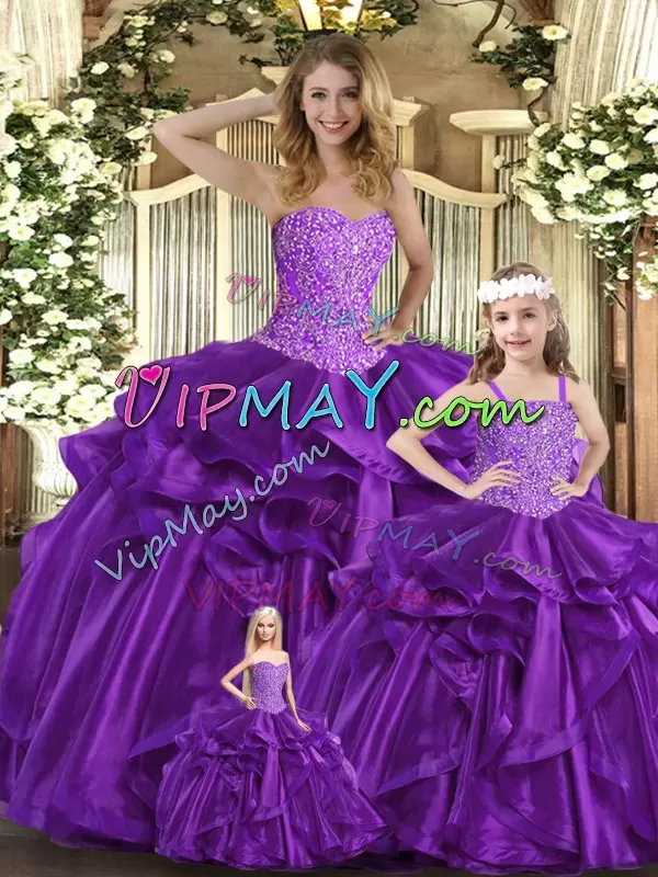 Glorious Purple Vestidos de Quinceanera Military Ball and Sweet 16 and Quinceanera with Beading and Ruffles Sweetheart Sleeveless Lace Up