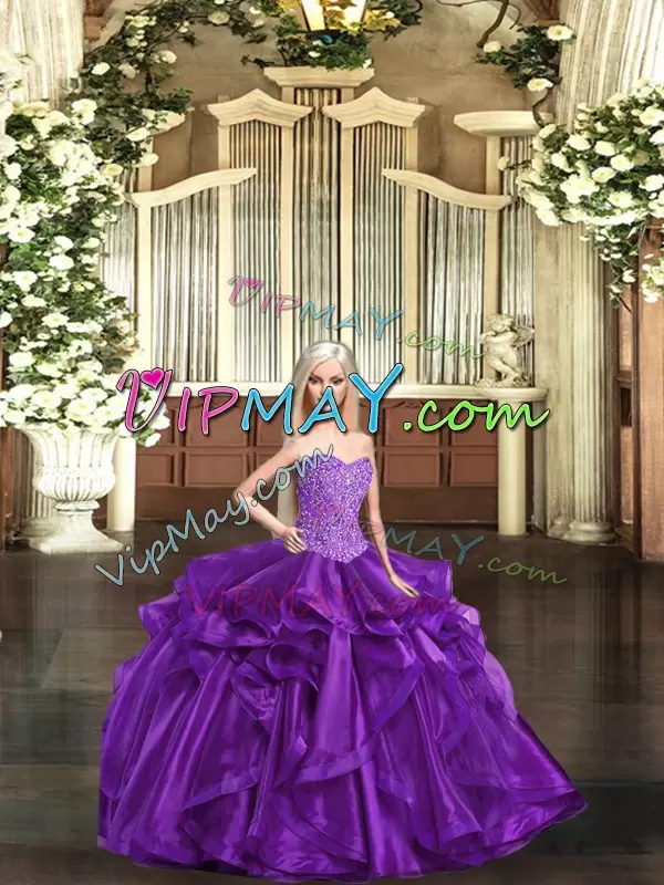 Glorious Purple Vestidos de Quinceanera Military Ball and Sweet 16 and Quinceanera with Beading and Ruffles Sweetheart Sleeveless Lace Up