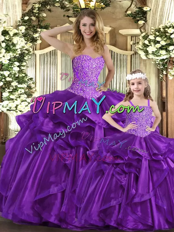 Glorious Purple Vestidos de Quinceanera Military Ball and Sweet 16 and Quinceanera with Beading and Ruffles Sweetheart Sleeveless Lace Up