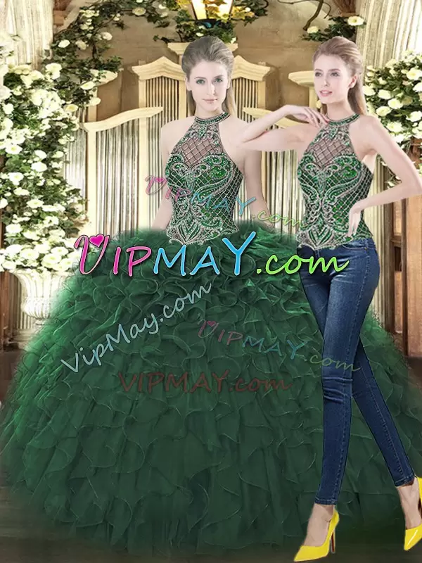 Sumptuous Beading and Ruffles Ball Gown Prom Dress Dark Green Lace Up Sleeveless Floor Length