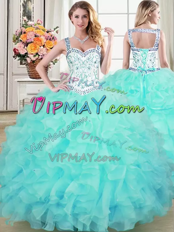 Unique Aqua Blue Ball Gown Prom Dress Military Ball and Sweet 16 and Quinceanera with Beading and Lace and Ruffles Straps Sleeveless Lace Up