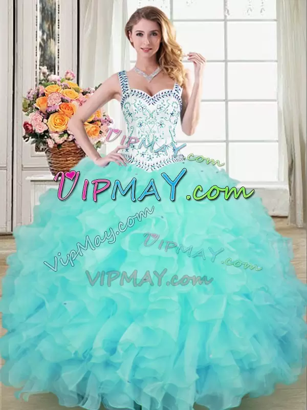 Unique Aqua Blue Ball Gown Prom Dress Military Ball and Sweet 16 and Quinceanera with Beading and Lace and Ruffles Straps Sleeveless Lace Up