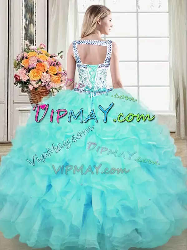 Unique Aqua Blue Ball Gown Prom Dress Military Ball and Sweet 16 and Quinceanera with Beading and Lace and Ruffles Straps Sleeveless Lace Up