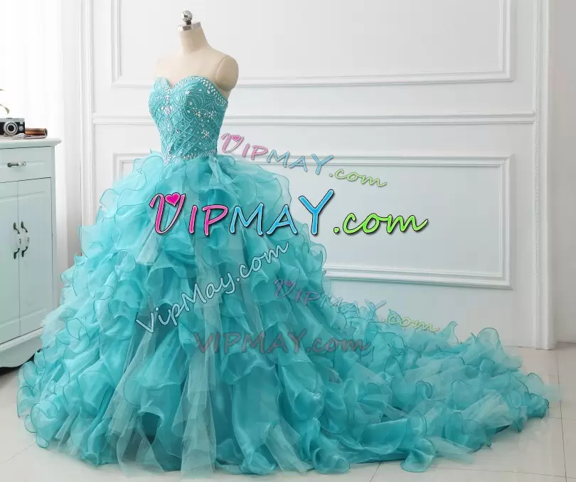 Modern Beading and Ruffles Quinceanera Gown Aqua Blue Lace Up Sleeveless With Train Court Train