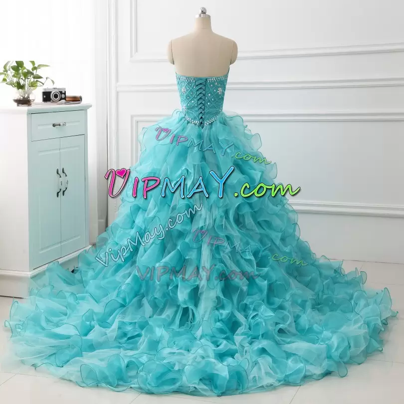 Modern Beading and Ruffles Quinceanera Gown Aqua Blue Lace Up Sleeveless With Train Court Train