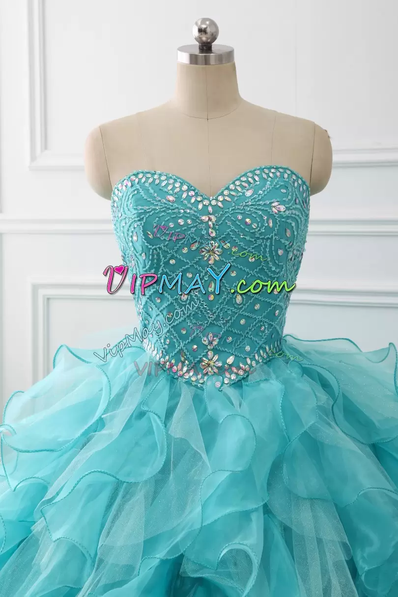 Modern Beading and Ruffles Quinceanera Gown Aqua Blue Lace Up Sleeveless With Train Court Train