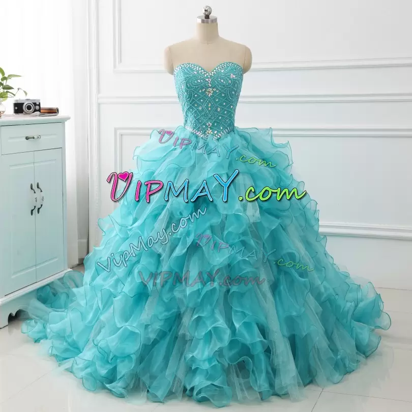 Modern Beading and Ruffles Quinceanera Gown Aqua Blue Lace Up Sleeveless With Train Court Train