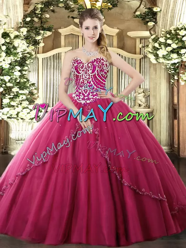 Stylish Hot Pink Sweet 16 Dresses Military Ball and Sweet 16 and Quinceanera with Beading Sweetheart Sleeveless Brush Train Lace Up