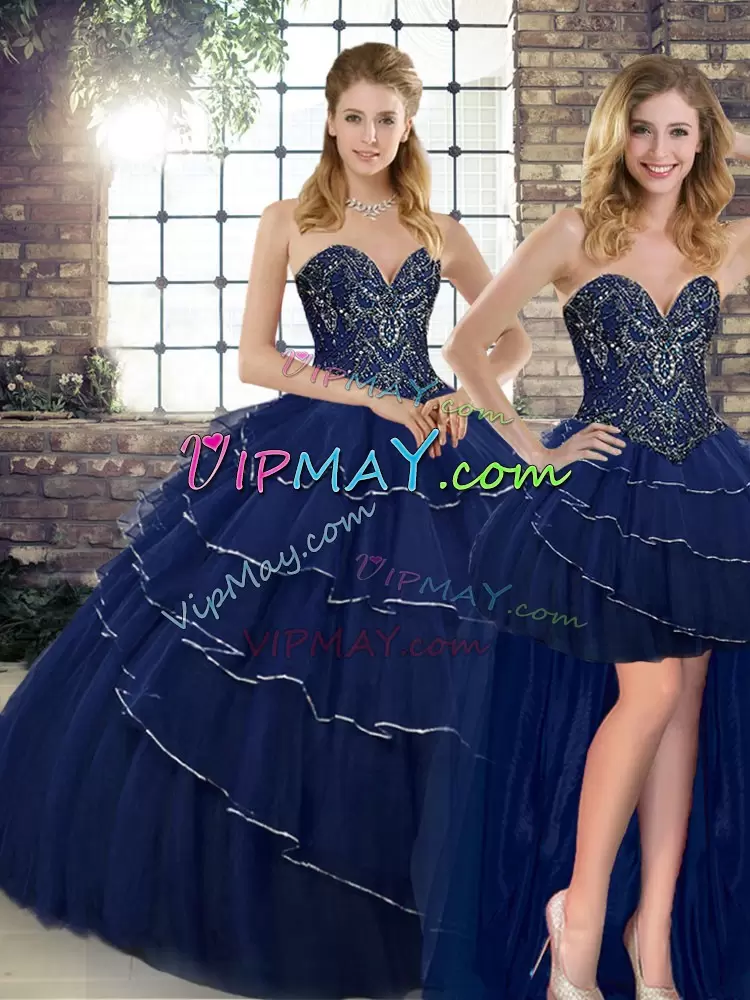 Brush Train Three Pieces 15 Quinceanera Dress Navy Blue Sweetheart Tulle Sleeveless Lace Up