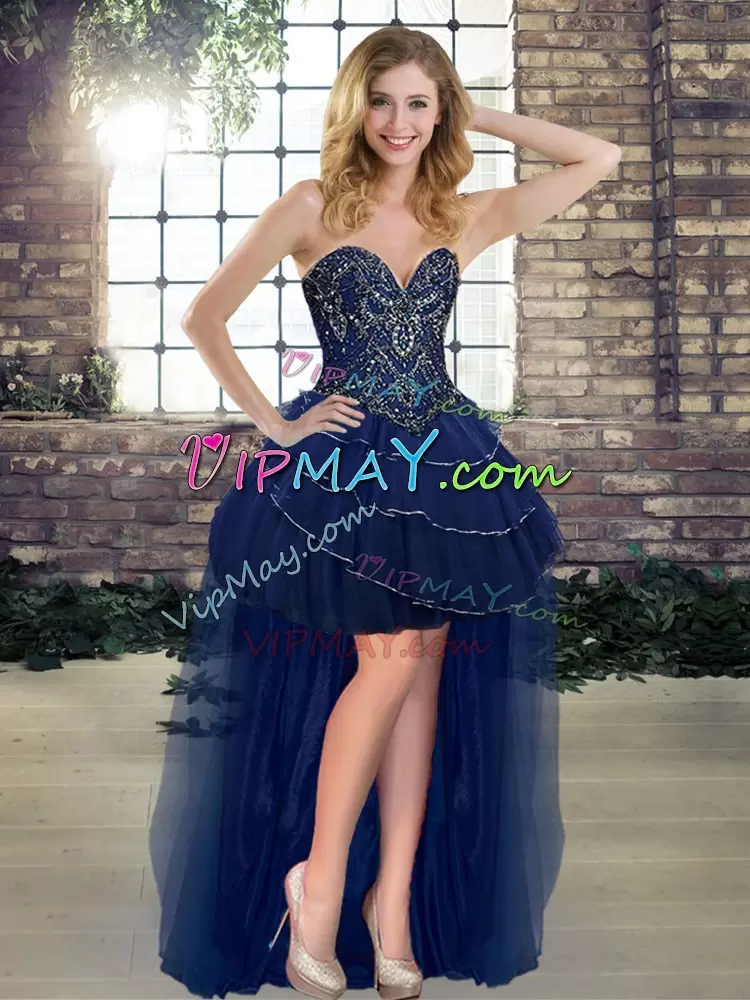 Brush Train Three Pieces 15 Quinceanera Dress Navy Blue Sweetheart Tulle Sleeveless Lace Up