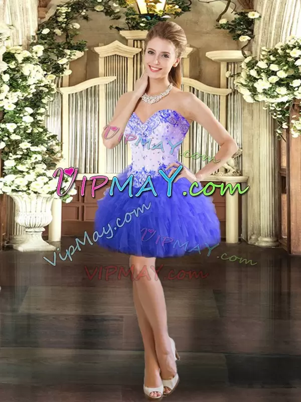 Traditional Sleeveless Tulle Floor Length Lace Up 15th Birthday Dress in Blue with Beading and Ruffles