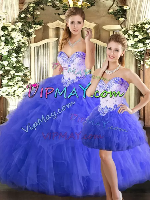 Traditional Sleeveless Tulle Floor Length Lace Up 15th Birthday Dress in Blue with Beading and Ruffles