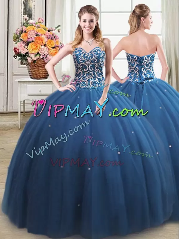 Fantastic Sweetheart Sleeveless Lace Up Quinceanera Gown Teal Tulle Beading