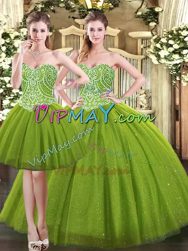 Olive Green Sleeveless Floor Length Beading Lace Up Quinceanera Gowns Sweetheart