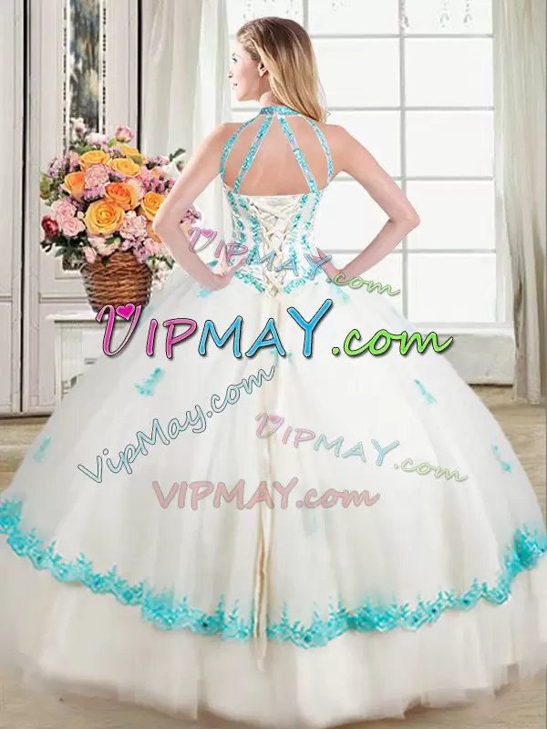 Ball Gowns 15 Quinceanera Dress White Halter Top Tulle Sleeveless Floor Length Lace Up