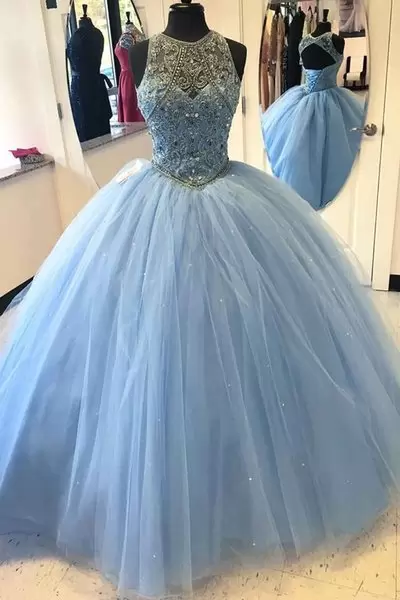 sky blue quinceanera dress,tulle skirt quinceanera dress,scoop neck quinceanera dress,lace illusion cocktail dress,illusion neck quinceanera dress,cut out back quinceanera dress,