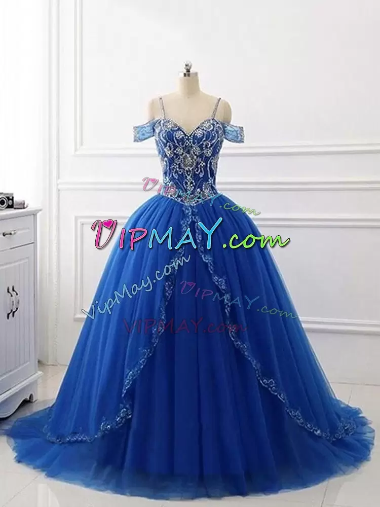 Custom Made Sleeveless Tulle Brush Train Lace Up Quince Ball Gowns in Royal Blue with Beading