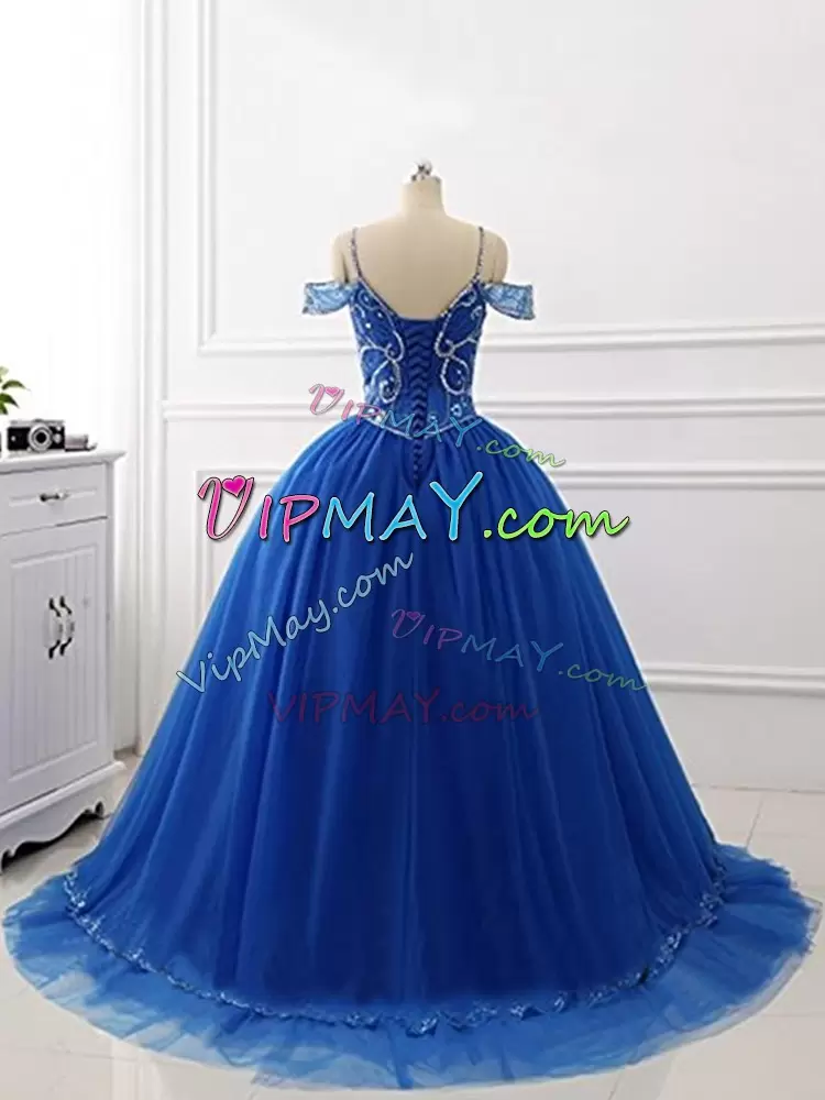Custom Made Sleeveless Tulle Brush Train Lace Up Quince Ball Gowns in Royal Blue with Beading