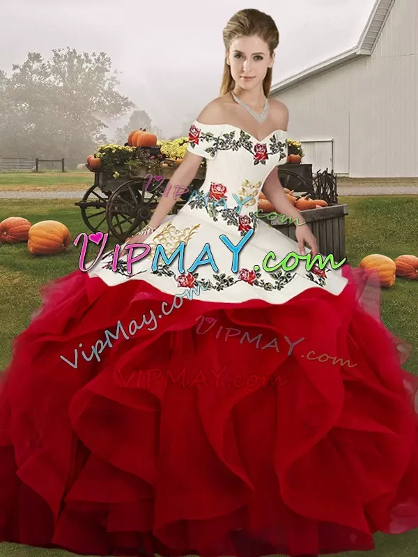 Deluxe Tulle Off The Shoulder Sleeveless Lace Up Embroidery and Ruffles Quinceanera Gowns in White And Red