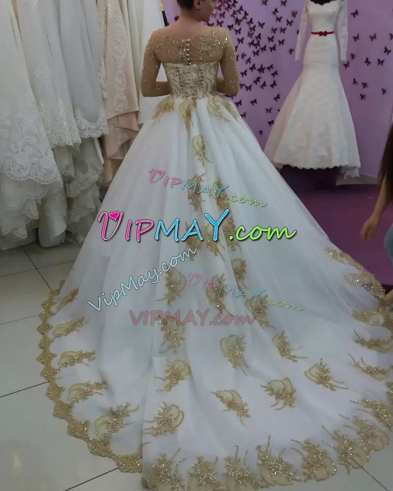 White and Gold Long Sleeves Quinceanera Dress with Chapel Train Wedding Gown