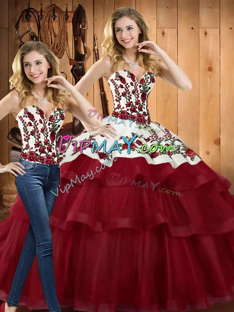 Sleeveless Embroidery Lace Up Quince Ball Gowns with Wine Red Sweep Train