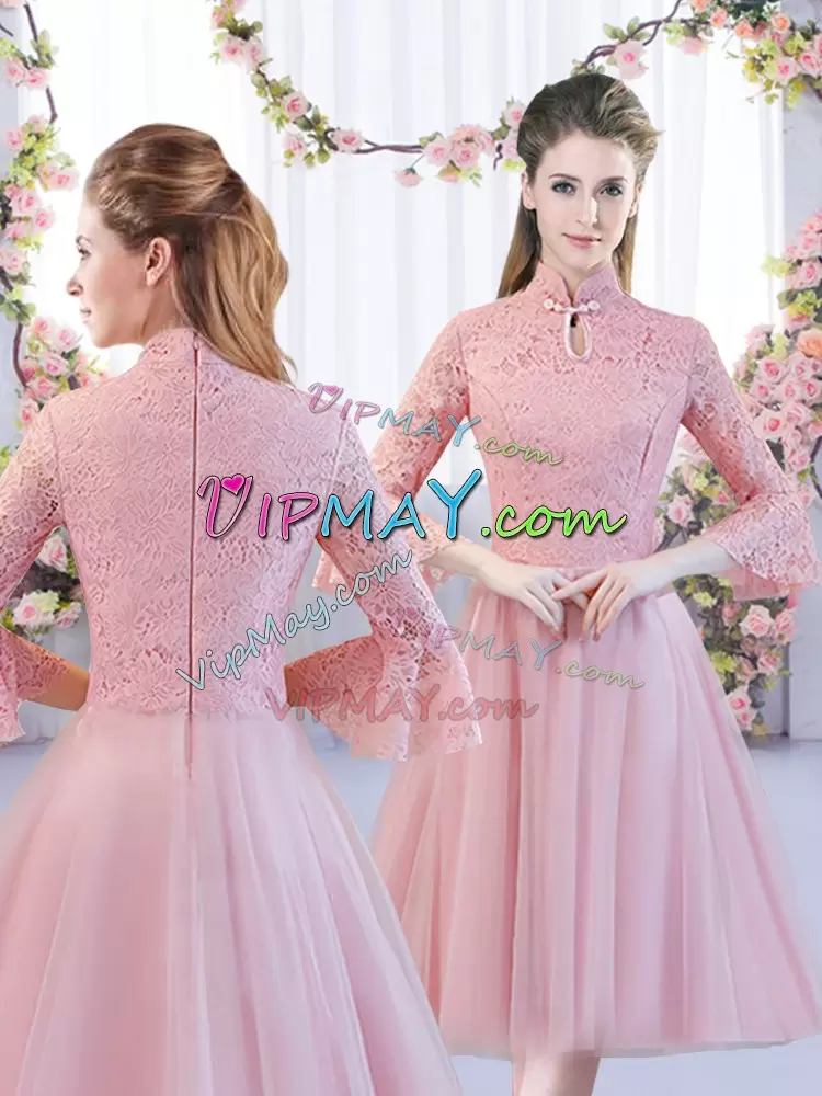 Artistic Pink Tulle Zipper Wedding Guest Dresses Cap Sleeves Tea Length Lace