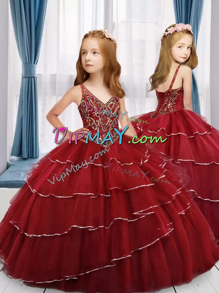 Trendy Red Sleeveless Tulle Lace Up Custom Made Pageant Dress for Party and Wedding Party