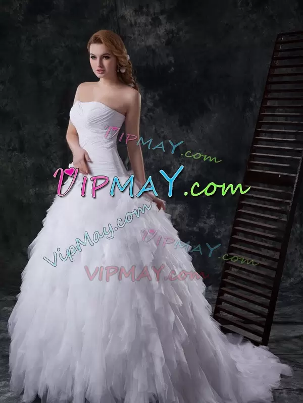 Best White Wedding Dresses Wedding Party with Beading and Ruffles and Ruching and Hand Made Flower Strapless Sleeveless Brush Train Lace Up